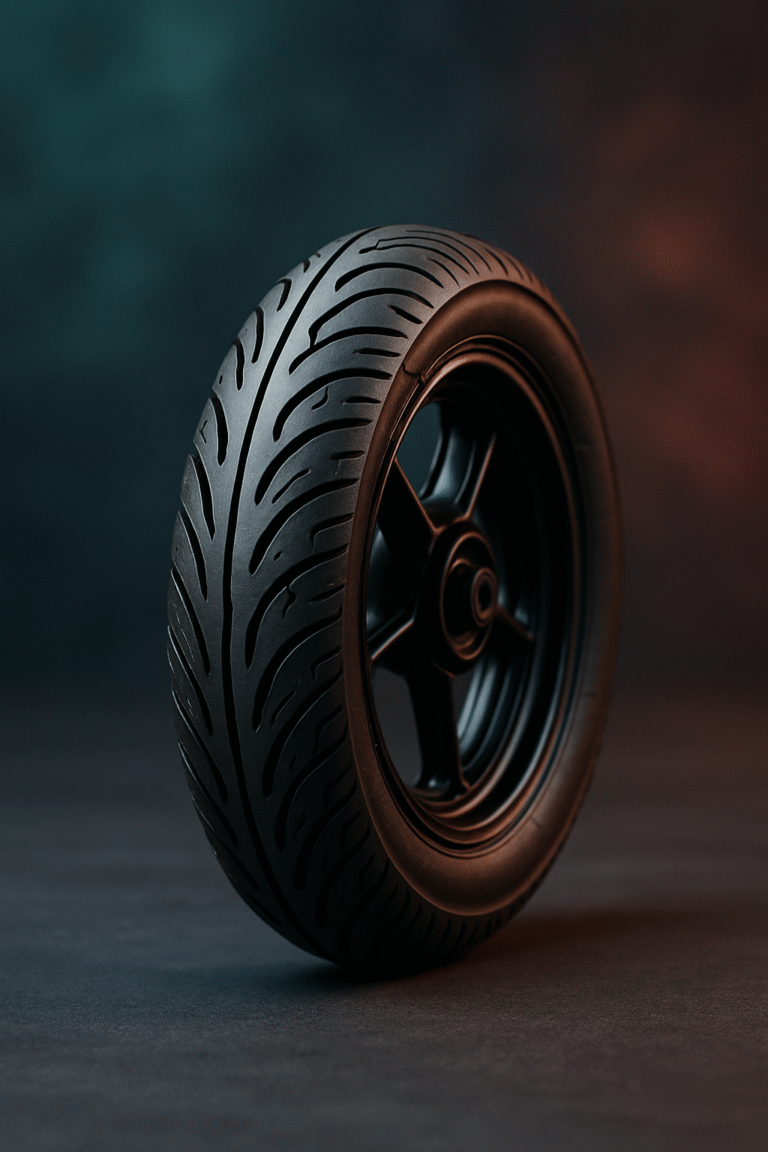 Single black EV two-wheeler scooter tyre with tread pattern, standing upright on a stylish gradient background.