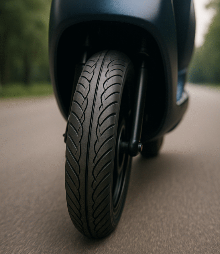 Close-up view of a front wheel of an electric two-wheeler EV riding on a smooth asphalt road.