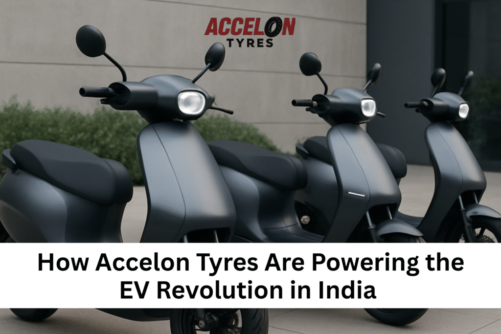 Three modern electric scooters lined up, showcasing Accelon Tyres, symbolizing their contribution to India's electric vehicle revolution.