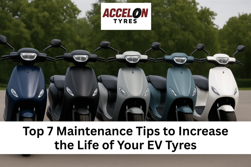 Lineup of electric scooters fitted with Accelon Tyres, promoting tyre maintenance tips for EVs.