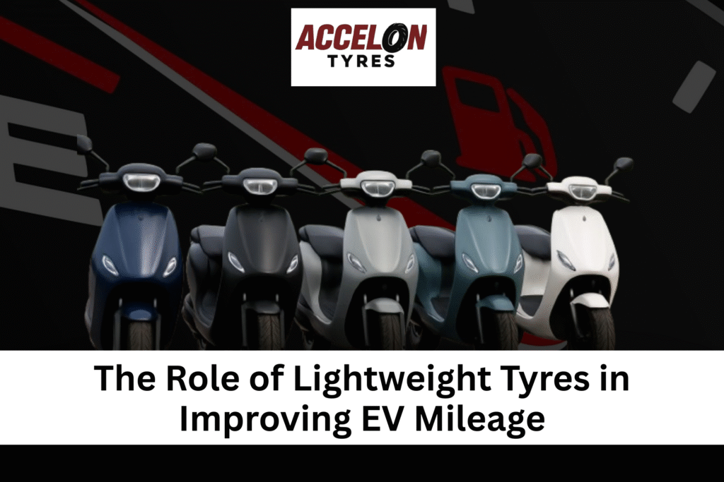 Five electric scooters lined up in front of a dark-themed background with speed and fuel icons, featuring the Accelon Tyres logo and a focus on lightweight tyre benefits.