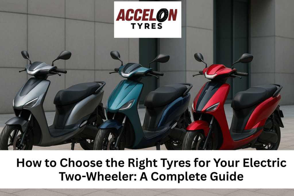 Four electric scooters parked side by side, promoting Accelon Tyres for EV two-wheelers