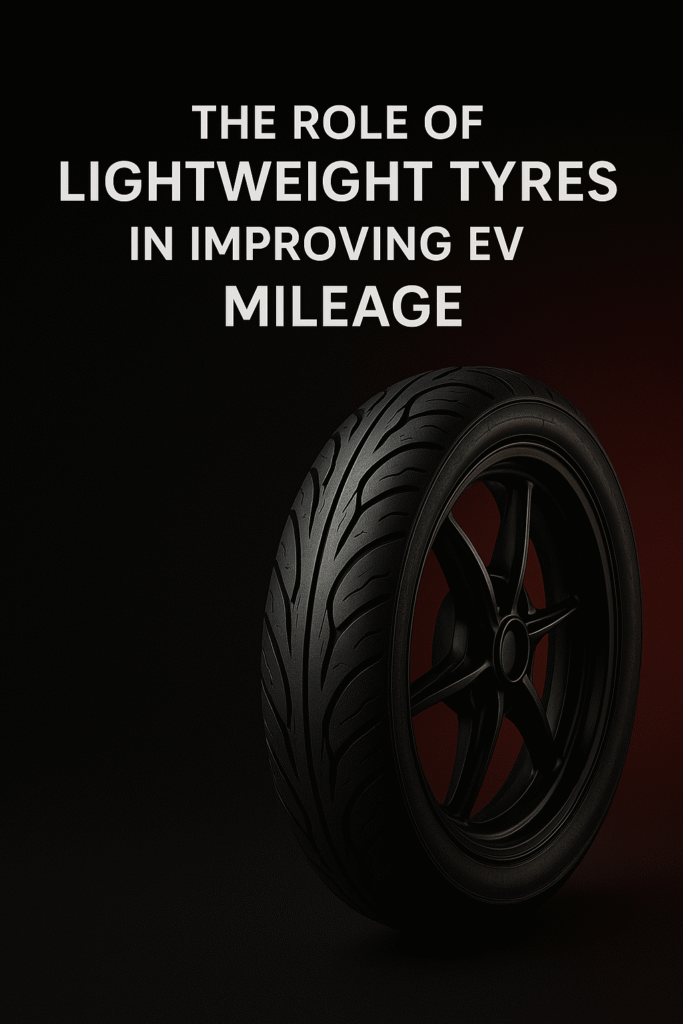 Lightweight tubeless EV tyre with black and red cinematic background, showcasing tread design for improved electric two-wheeler mileage.