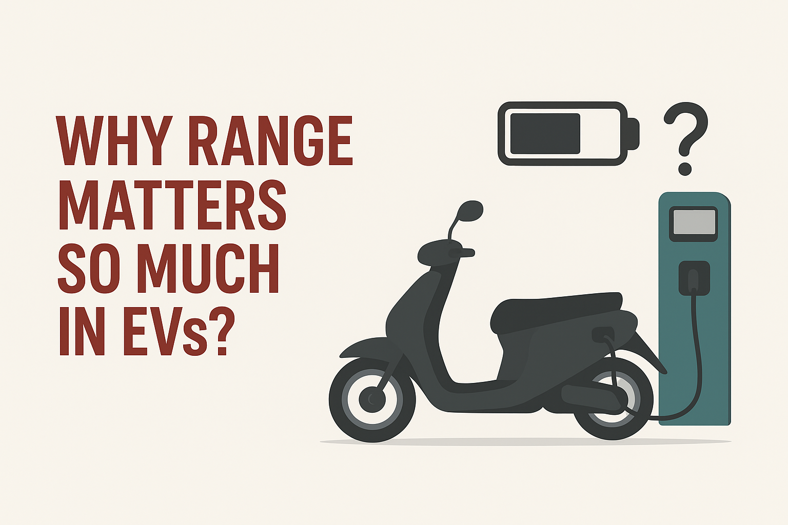 Illustration of an electric scooter charging at a station with the text "Why Range Matters So Much in EVs?" highlighting EV range importance.