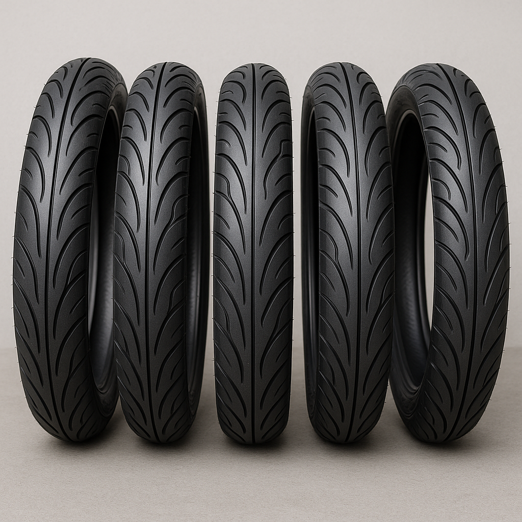 Five Accelon electric two-wheeler tyres standing in a line facing front, showcasing premium tread design.