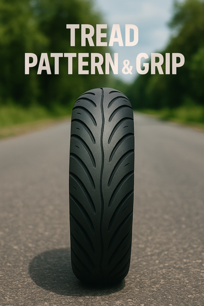 Close-up of Accelon two-wheeler tyre showcasing advanced tread pattern for superior grip on road.