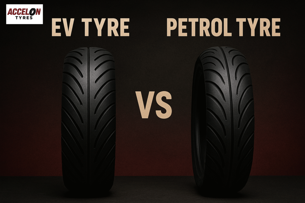 Comparison between EV tyre and petrol bike tyre with Accelon branding.