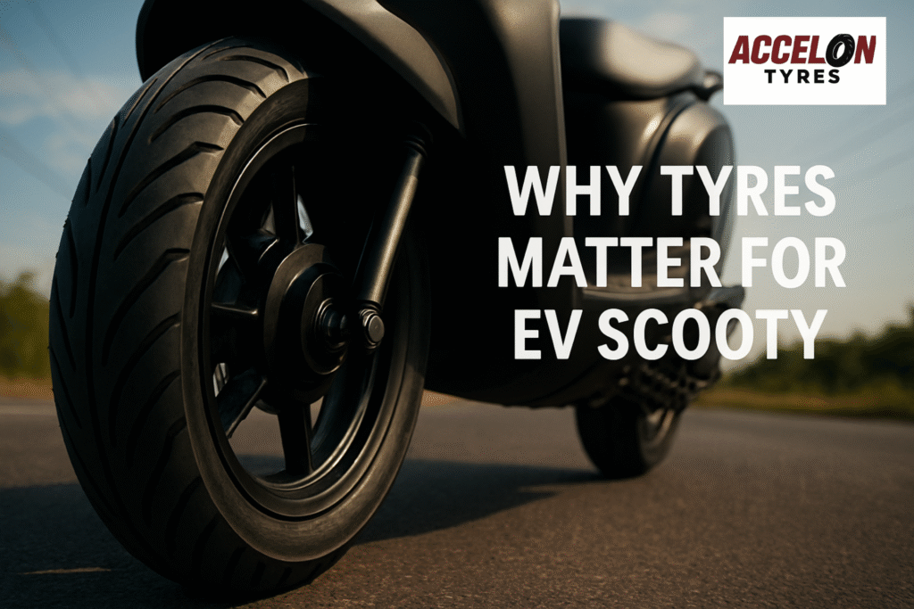 Accelon 2-wheeler EV scooty tyre close-up on road – durable and high-performance electric scooter tyres for safety and smooth ride.