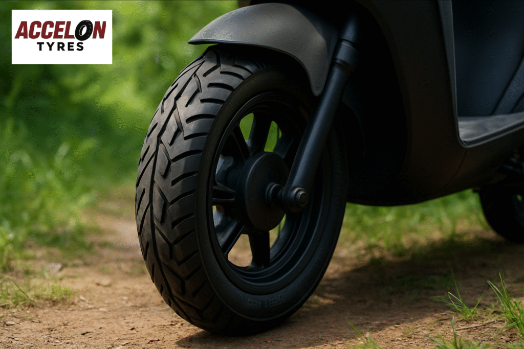 Close-up of Accelon EV two-wheeler tyre offering superior grip and durability for smooth rides.
