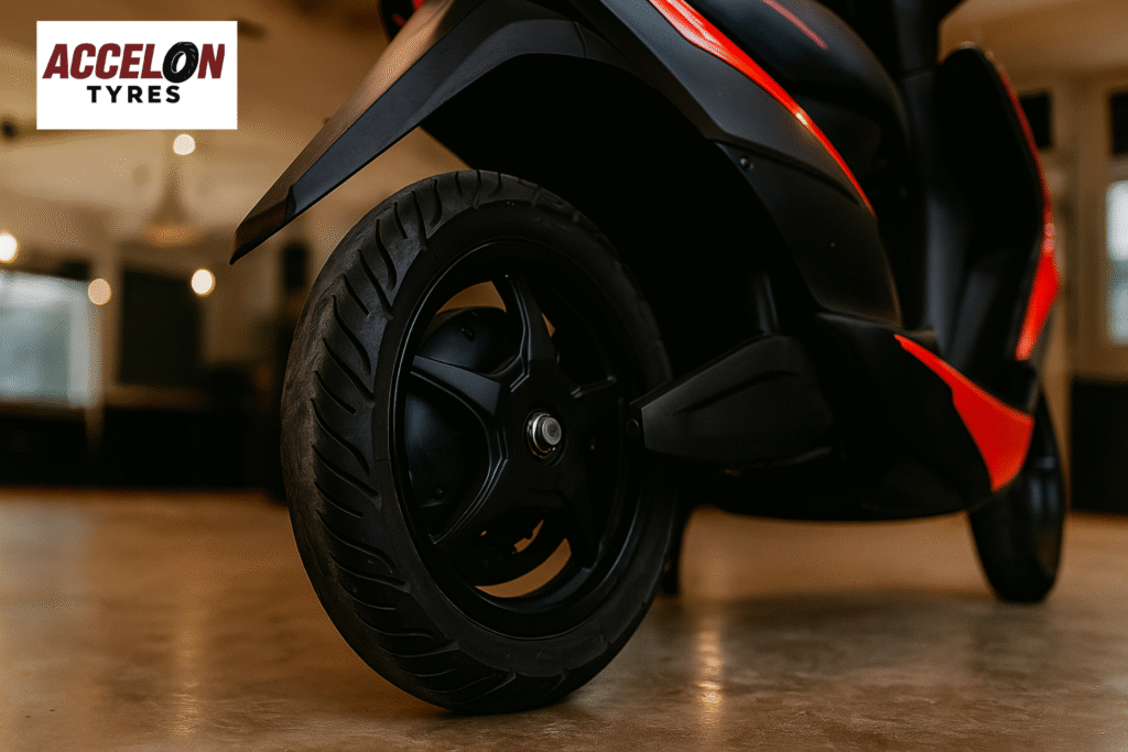 EV scooter with Accelon Tyres designed for smooth rides and long-lasting performance.