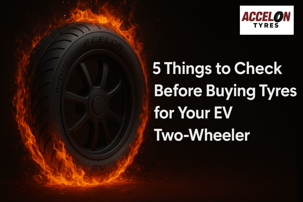 Accelon EV two-wheeler tubeless tyre with fiery design – highlighting key checks before buying electric scooter tyres.