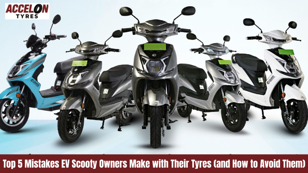 Electric scooters lined up in a row showcasing modern EV designs, with Accelon Tyres logo and a banner about common tyre mistakes by EV scooty owners.