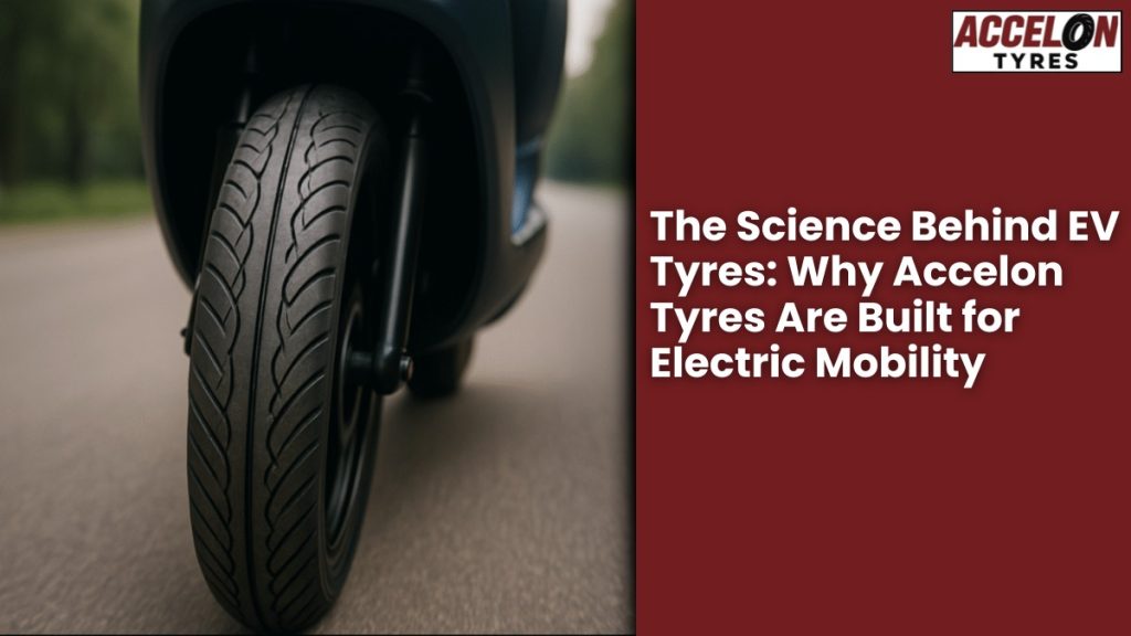 Close-up of an electric scooter tyre on the road with text about Accelon Tyres and electric mobility.